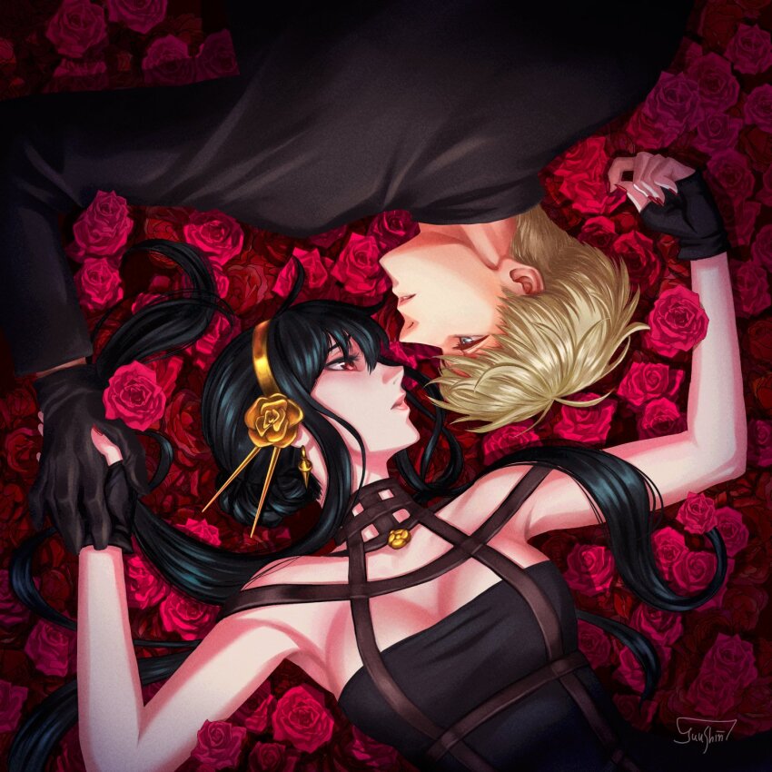 1boy 1girl artist_name bare_shoulders bed_of_roses black_dress black_gloves black_hair blonde_hair blush breasts cleavage dress earrings flower formal_clothes gloves gold_earrings gold_hairband hair_flower hair_ornament hairband highres husband_and_wife jacket jewelry large_breasts long_hair looking_at_another red_eyes rose short_hair sidelocks signature spy_x_family suit twilight_(spy_x_family) two-sided_dress two-sided_fabric yor_briar yuushin_07