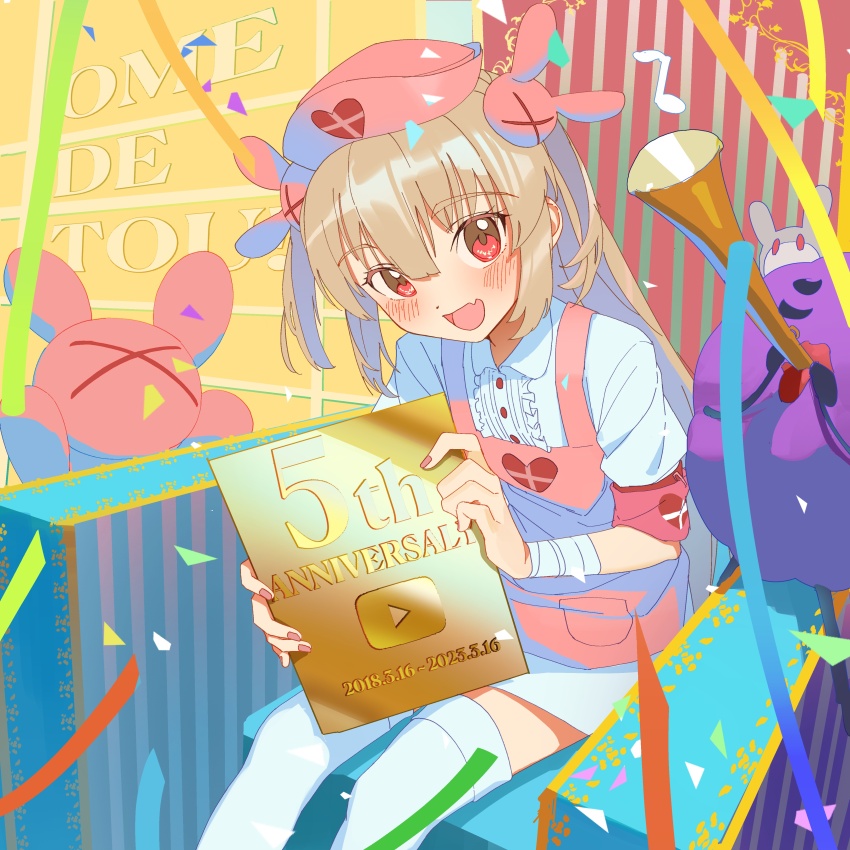 &gt;_&lt; 1girl :d absurdres anniversary apron bandaged_arm bandaged_wrist bandages blonde_hair blush center_frills collared_dress commentary_request confetti dress fang frills hair_ornament hat heart heart_print highres holding_plaque jdge long_hair looking_at_viewer nail_polish natori_sana natori_sana_(nurse) nurse_cap open_mouth pink_apron pink_hat pocket puffy_short_sleeves puffy_sleeves rabbit_hair_ornament red_eyes red_nails safety_pin sana_channel short_sleeves sitting skin_fang smile solo stuffed_animal stuffed_rabbit stuffed_toy thighhighs two_side_up virtual_youtuber white_dress white_thighhighs youtube_creator_award