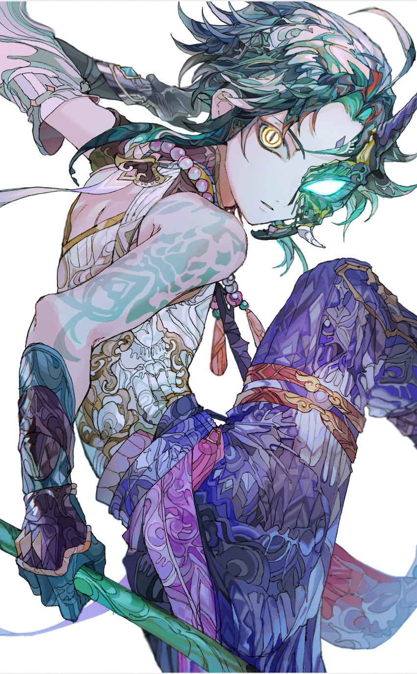 1boy absurdres ahoge bead_necklace beads black_gloves detached_sleeves facial_mark forehead_mark genshin_impact gloves highres holding holding_polearm holding_weapon jewelry lossy-lossless male_focus md5_mismatch multicolored_hair necklace pants polearm shirt tattoo weapon xiao_(genshin_impact) yadu_nadu yellow_eyes