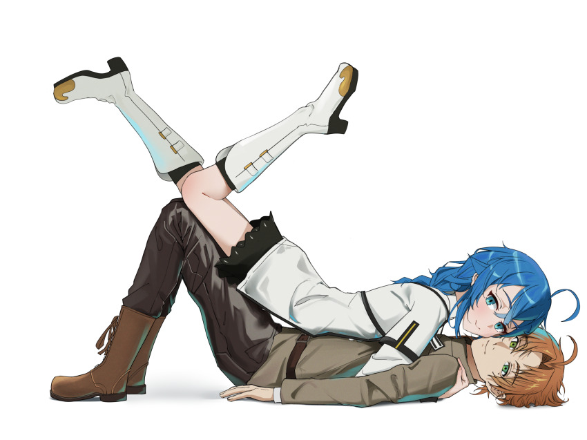 1boy 1girl absurdres ahoge black_pants black_skirt blue_eyes blue_hair boots brown_boots brown_hair cheek-to-cheek closed_mouth commentary english_commentary from_side full_body girl_on_top green_eyes grey_shirt heads_together hetero highres hug kaoru_puripuri knee_boots long_hair long_sleeves looking_at_viewer lying lying_on_person mushoku_tensei on_back on_stomach pants roxy_migurdia rudeus_greyrat shirt skirt white_boots white_shirt