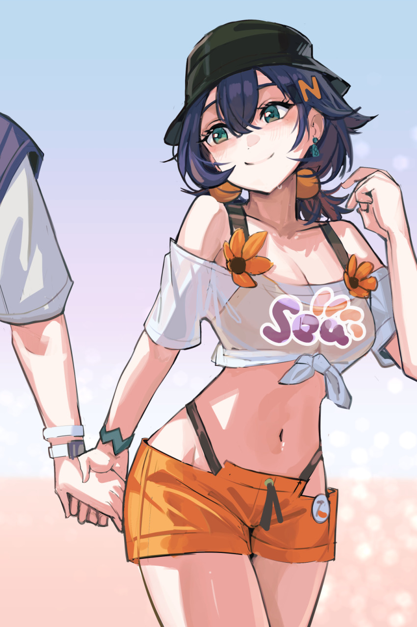 1boy 1girl belle_(summer_skies)_(zenless_zone_zero) belle_(zenless_zone_zero) black_hat blue_hair bracelet breasts brother_and_sister bucket_hat cleavage commentary_request earrings green_eyes hat highres holding_hands jewelry medium_breasts navel official_alternate_costume orange_shorts shirt shorts siblings solo_focus solokitsune thighs tied_shirt white_shirt wise_(peaceful_waves)_(zenless_zone_zero) wise_(zenless_zone_zero) zenless_zone_zero