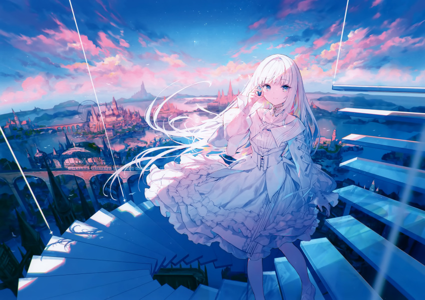 1girl blue_eyes blue_gemstone blue_sky blunt_bangs building castle closed_mouth cloud cloudy_sky collar detached_collar dress eshi_100_nin_ten foot_out_of_frame frilled_dress frills fuzichoco gem hand_up highres holding holding_gem horizon long_hair long_sleeves looking_at_viewer medium_dress original outdoors puffy_long_sleeves puffy_sleeves ribbon scan shoes sky smile solo spiral_staircase stairs standing star_(sky) starry_sky third-party_source very_long_hair white_collar white_dress white_hair white_ribbon white_shoes