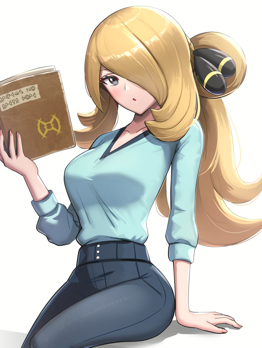 1girl :/ absurdres black_pants blonde_hair blue_shirt book breasts closed_mouth cynthia_(pokemon) gen_2_pokemon gonzarez grey_eyes hair_ornament hair_over_one_eye hand_up highres holding holding_book large_breasts long_hair long_sleeves looking_at_viewer medium_breasts nintendo pants pink_nails pokemon pokemon_(anime) pokemon_journeys pokemon_swsh122 ponytail revision shirt shirt_tucked_in sidelocks simple_background sitting solo unown v-neck white_background