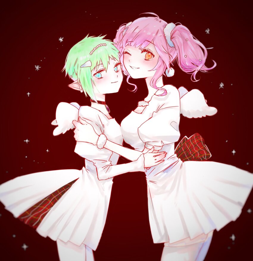 1girl asymmetrical_docking black_choker blue_eyes blush bow breast_press breasts choker dress earrings fake_wings flat_chest hair_behind_ear highres hug jewelry looking_to_the_side macross macross_delta makina_nakajima medium_breasts medium_hair mochi_(mochigome) one_eye_closed orange_eyes parted_lips plaid_bow pointy_ears red_bow reina_prowler short_hair smile twintails white_dress wings