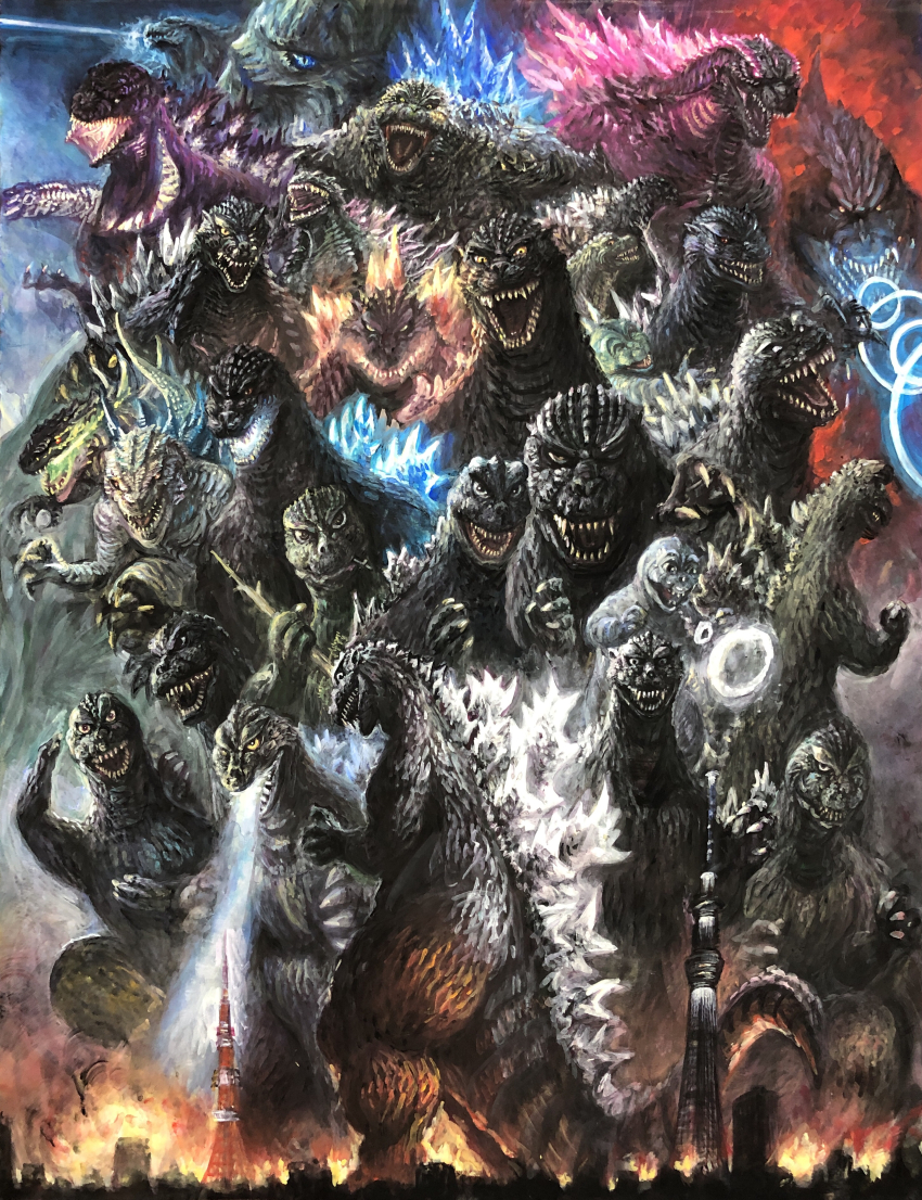 absurdres anniversary atomic_breath baby_godzilla breath_weapon burning_godzilla character_request check_character check_copyright copyright_request crossover dinosaur energy energy_beam energy_ring energy_rings everyone fire g.n.a giant giant_monster glowing_mouth godzilla godzilla,_mothra_and_king_ghidorah:_giant_monsters_all-out_attack godzilla:_final_wars godzilla:_king_of_the_monsters godzilla:_planet_of_the_monsters godzilla:_tokyo_s.o.s. godzilla_(1954) godzilla_(2014) godzilla_(minus_one) godzilla_(monsterverse) godzilla_(series) godzilla_(shin) godzilla_2000:_millennium godzilla_earth godzilla_evolved godzilla_filius godzilla_jr godzilla_minus_one godzilla_raids_again godzilla_singular_point godzilla_the_series godzilla_ultima godzilla_vs._biollante godzilla_vs._king_ghidorah godzilla_vs._kong godzilla_vs._mechagodzilla godzilla_vs._megaguirus godzilla_vs._monster_zero godzilla_vs._spacegodzilla godzilla_x_kong:_the_new_empire green_fire highres jaw kaiju king_kong_(series) king_kong_vs._godzilla legendary_pictures little_godzilla lizard long_tail minilla monster monsterverse mothra_vs._godzilla mouth_beam multiple_crossover multiple_persona no_humans open_mouth orange_eyes real_world_location reptile reptilian scales sharp_teeth shin_godzilla smoke_ring_(godzilla) son_of_godzilla spines tail teeth the_return_of_godzilla toho tokyo_skytree zilla zilla_jr. zone_fighter_(series)
