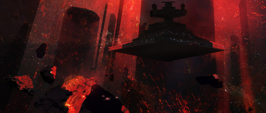 ben_lo concept_art galactic_empire_(star_wars) highres monochrome no_humans official_art production_art red_theme scenery shadow space star_destroyer star_wars star_wars:_squadrons vehicle_focus