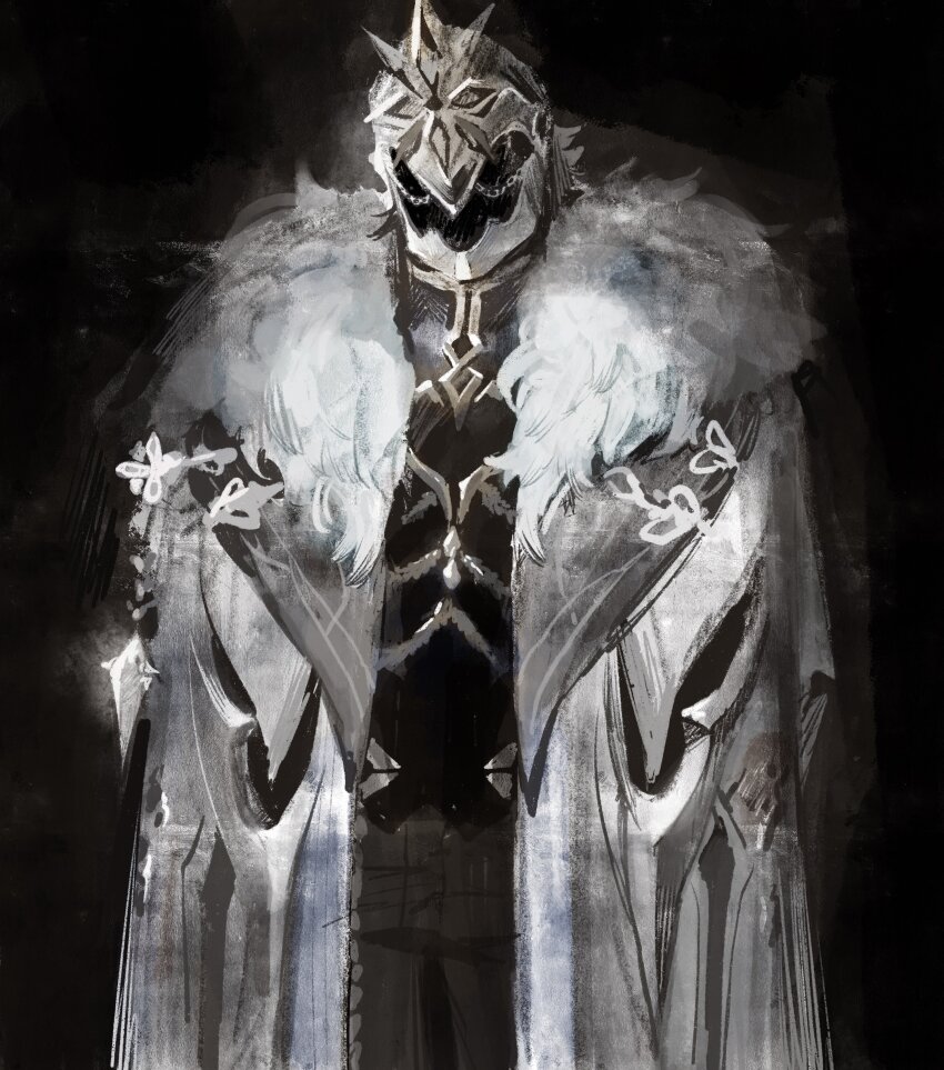 1boy absurdres black_background black_helm black_helmet black_shirt capitano_(genshin_impact) coat fur-trimmed_coat fur_trim genshin_impact helmet highres kaimochi0839 male_focus mask mask_on_head open_clothes open_coat shirt spiked_helmet standing