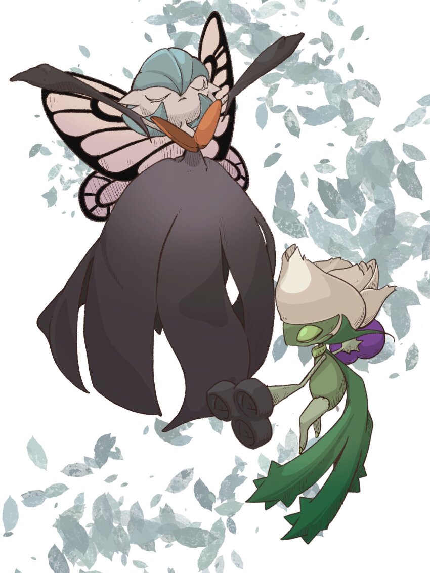 alternate_color arms_up black_dress black_gloves blue_hair bob_cut butterfly_wings closed_eyes colored_skin dress elbow_gloves gardevoir gen_3_pokemon gen_4_pokemon gloves green_skin highres insect_wings mega_gardevoir mega_pokemon mxlaghrsuk33yws nintendo no_feet pokemon pokemon_(creature) roserade shiny_pokemon white_skin wings