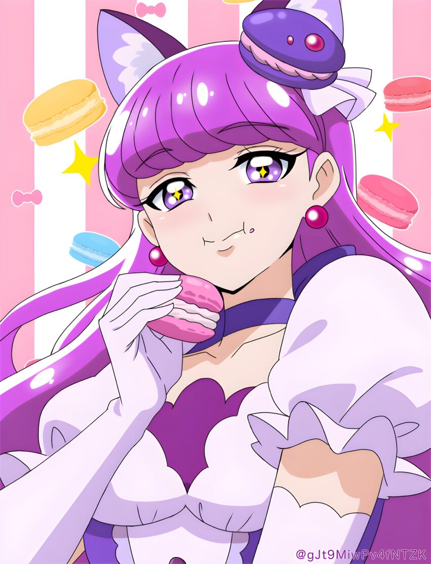 1girl animal_ears bow bow_choker breasts cat_ears choker collarbone cure_macaron earrings eating elbow_gloves extra_ears food food-themed_hair_ornament food_print gjt9miwpv4fntzk gloves hair_ornament highres jewelry kirakira_precure_a_la_mode long_hair looking_at_viewer macaron macaron_hair_ornament macaron_print magical_girl pom_pom_(clothes) pom_pom_earrings precure purple_background purple_choker purple_eyes purple_hair ribbon_choker smile striped_background twitter_username upper_body white_gloves