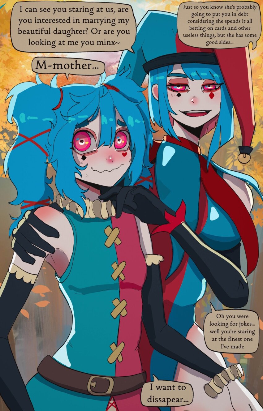 2girls aqua_hair basedbinkie blue_leotard brown_gloves club_(shape) colored_skin english_text facepaint frills gloves grin hand_on_another&#039;s_shoulder hat heart highres jester jester_cap leotard looking_at_viewer messy_hair mother_and_daughter multicolored_hair multiple_girls nervous_sweating original pierra_panini pink_eyes pink_hair pink_skin pippi_panini_(basedbinkie) red_leotard short_hair smile sweat tree twintails two-tone_hair wavy_mouth