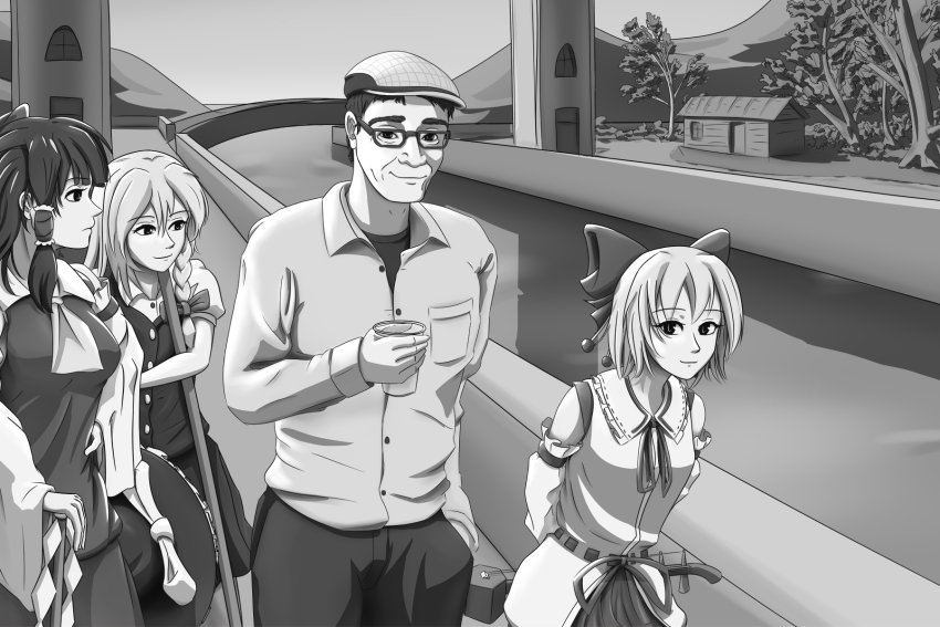 1boy 3girls black_pants bow breasts bridge canal collared_shirt commentary cup detached_sleeves english_commentary fine_art_parody greyscale hair_between_eyes hair_bow hakurei_reimu hand_in_pocket highres holding holding_cup holding_weapon kirisame_marisa long_hair looking_at_viewer medium_breasts medium_hair monochrome multiple_girls outdoors pants parody real_life rectangular_eyewear satsuki_rin shirt short_hair skirt snakfusker touhou tree walking weapon wide_sleeves zun