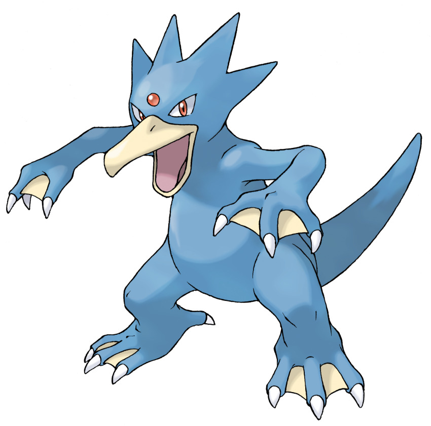 claws forehead_jewel full_body gen_1_pokemon golduck highres nintendo official_art open_mouth pokemon pokemon_(creature) pokemon_focus pokemon_frlg red_eyes solo standing sugimori_ken third-party_source transparent_background webbed_feet webbed_hands