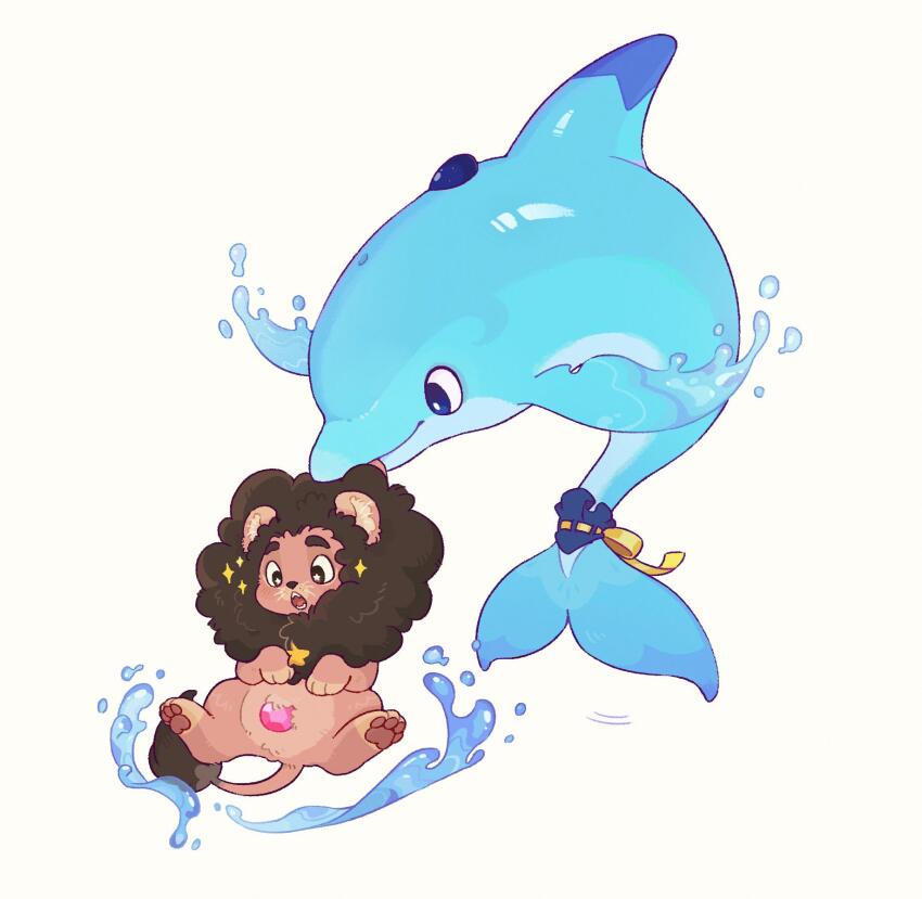 :o animal animal_focus animalization blue_eyes blue_skin colored_skin dolphin full_body gem highres hua_hua_de_meme lapis_lazuli_(gemstone) lapis_lazuli_(steven_universe) lion mouth_hold pink_gemstone red_fur steven_quartz_universe steven_universe water white_background