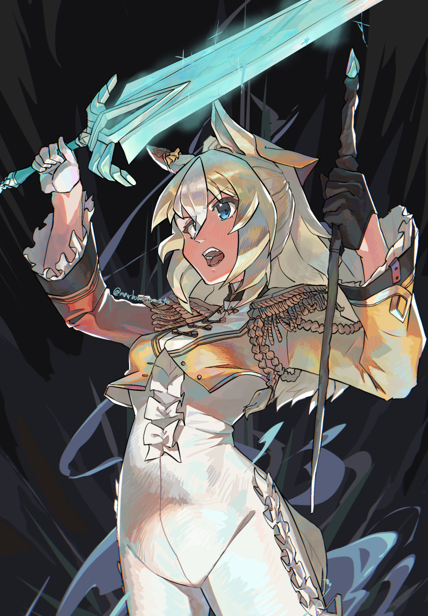 1girl absurdres aiguillette animal_ears asymmetrical_gloves black_gloves blonde_hair blue_eyes bodysuit breasts commentary_request cropped_jacket dark_background durandal_(umamusume) ear_covers ear_ornament epaulettes frilled_bodysuit gloves hair_between_eyes hair_ornament highres holding holding_sword holding_weapon horse_ears horse_girl jacket long_hair long_sleeves marbow_tomato medium_breasts mismatched_gloves multicolored_hair open_clothes open_jacket open_mouth simple_background single_ear_cover solo streaked_hair sword teeth umamusume upper_teeth_only v-shaped_eyebrows weapon white_bodysuit white_gloves white_hair yellow_jacket