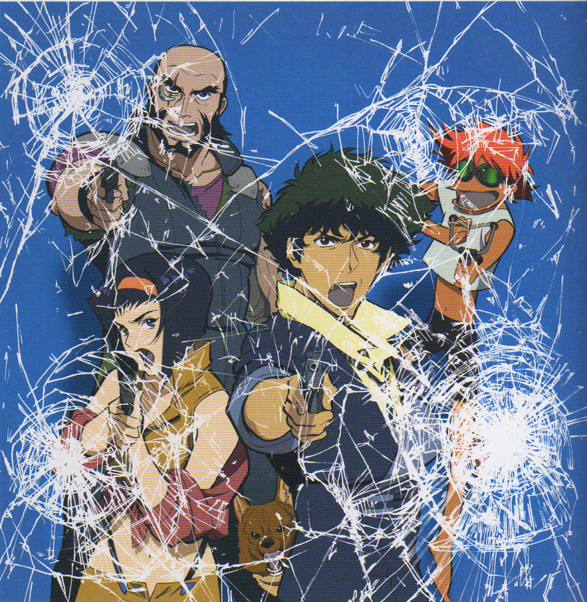 2girls barefoot cowboy_bebop edward_wong_hau_pepelu_tivrusky_iv ein_(cowboy_bebop) faye_valentine gun hairband holding holding_gun holding_weapon jet_black kawamoto_toshihiro multiple_girls official_art open_mouth orange_hair orange_hairband prosthesis prosthetic_arm scan scar scar_across_eye scar_on_face spike_spiegel weapon welsh_corgi