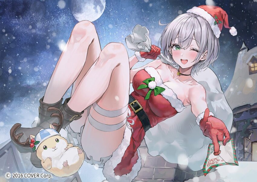 1girl 2016 bare_shoulders black_footwear boots breasts christmas cleavage dress gloves green_eyes grey_hair hat hololive myung_yi official_alternate_costume official_art one_eye_closed open_mouth outdoors red_dress red_gloves santa_costume santa_dress santa_hat shirogane_noel short_hair smile virtual_youtuber