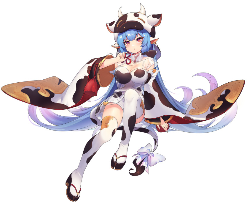 1girl animal_costume animal_ears animal_print blue_hair blush breasts catura_(granblue_fantasy) cow_costume cow_ears cow_girl cow_hood cow_horns cow_print cow_tail draph ear_piercing granblue_fantasy highres horns large_breasts looking_at_viewer micro_shorts open_mouth piercing print_thighhighs red_eyes ribbon sandals see-through_clothes sharlorc shorts sitting solo tail tail_ornament tail_ribbon thick_eyebrows thighhighs white_shorts white_thighhighs wide_sleeves