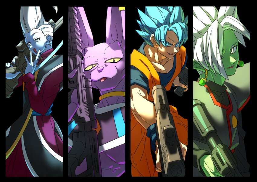 4boys animal_ears beerus black_border black_nails blue_hair blue_skin border cat_boy cat_ears colored_sclera colored_skin commentary_request dated_commentary dougi dragon_ball dragon_ball_super dual_wielding earrings fingernails furry furry_male fused_zamasu gamubanku gold_choker green_skin grey_eyes gun holding holding_gun holding_weapon jewelry long_sleeves looking_at_viewer male_focus multiple_boys muscular muscular_male open_mouth pointy_ears potara_earrings purple_skin sharp_fingernails slit_pupils son_goku spiked_hair super_saiyan super_saiyan_blue tongue tongue_out usekh_collar weapon whis white_eyes white_hair yellow_sclera zamasu