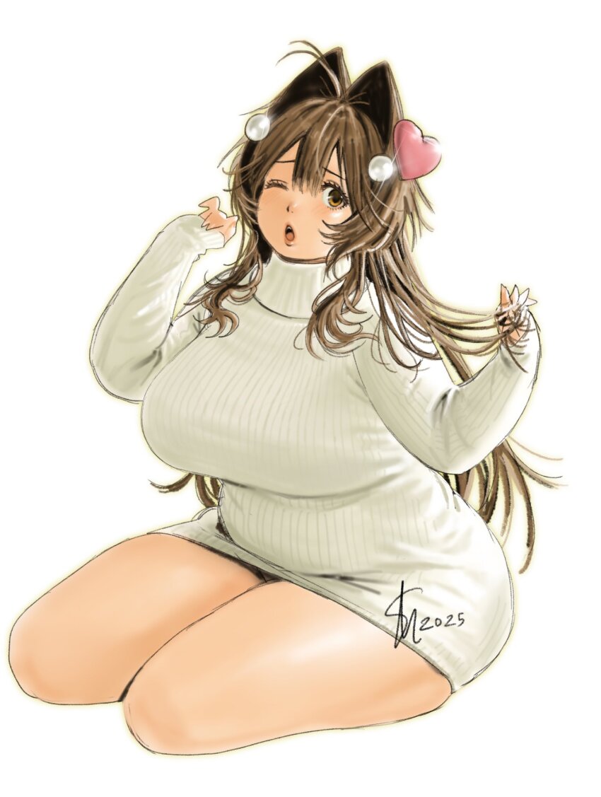 1girl 2025 ahoge breasts brown_eyes brown_hair dress eyelashes furrowed_brow hair_intakes hair_ornament heart heart_hair_ornament highres holding holding_own_hair large_breasts lips long_hair meisharan nanaco_(meisharan) one_eye_closed open_mouth original pearl_hair_ornament plump signature sitting sleeves_past_wrists solo sweater teeth thighs turtleneck turtleneck_dress upper_teeth_only very_long_hair white_sweater year yokozuwari