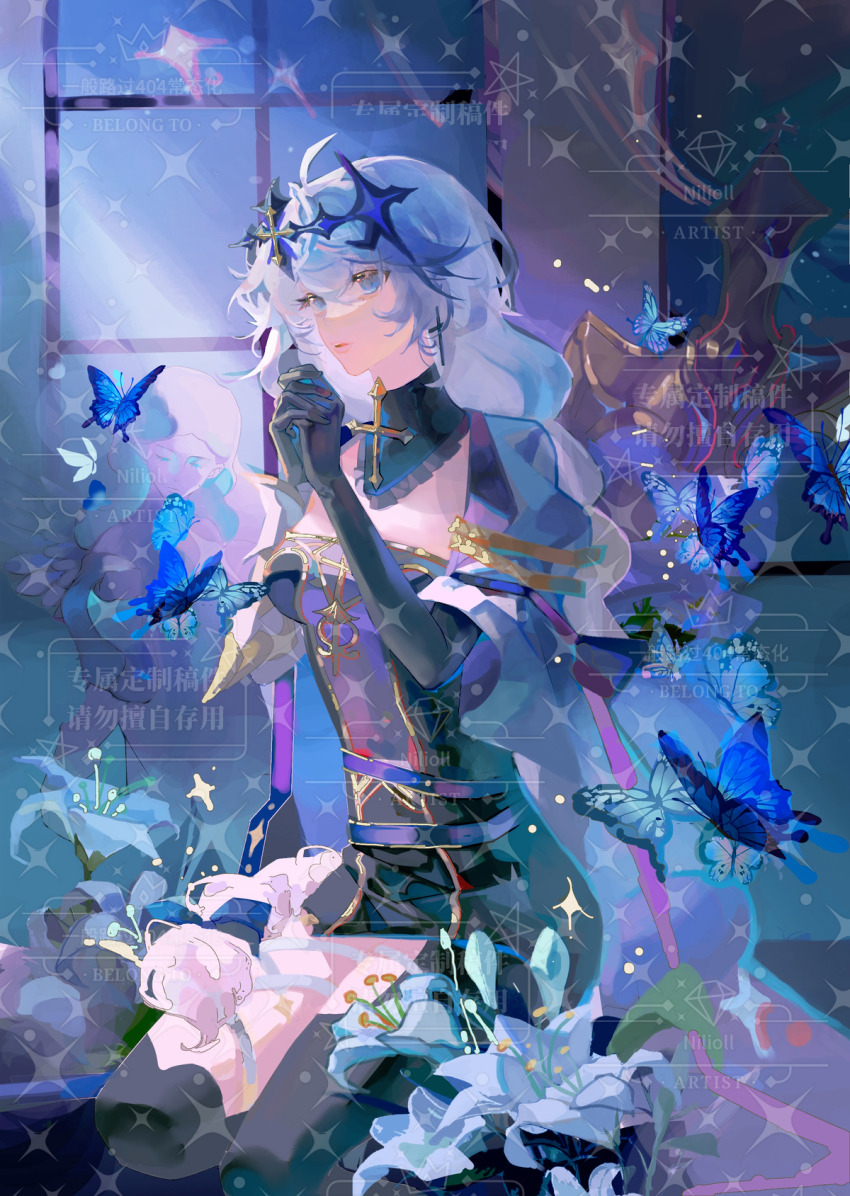 1girl abstract_background black_gloves black_thighhighs blue_bow blue_butterfly blue_eyes blue_hair bow braid bug butterfly center_opening chinese_commentary closed_mouth commission cross cross_earrings dress earrings elbow_gloves flower from_side gloves hair_between_eyes hair_bow hair_ornament hands_up headpiece highres honkai_(series) honkai_impact_3rd indoors insect jewelry kallen_kaslana light_particles long_braid long_hair looking_to_the_side low-tied_long_hair moonlight own_hands_together pendant pink_lips praying puffy_short_sleeves puffy_sleeves se465 shade short_sleeves single_braid sitting solo thighhighs thighs watermark white_hair window