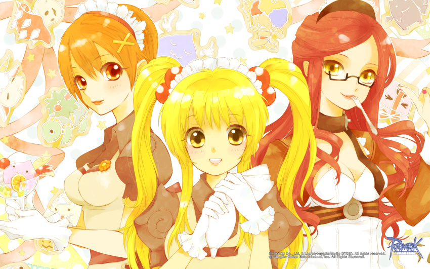 3girls :3 amistr_(ragnarok_online) apron archangeling blonde_hair blush breasts brown_dress cherry cleavage closed_mouth cookie copyright_notice curly_sue deviruchi dokebi dress food fork fruit gloves guest_art highres kafra_uniform logo long_hair looking_at_viewer lude_(ragnarok_online) maid maid_headdress medium_breasts multiple_girls myst_case official_art official_wallpaper open_mouth orange_eyes orange_hair pastry_bag permeter_(ragnarok_online) poring puffy_short_sleeves puffy_sleeves ragnarok_online red_hair red_sash ruru_(ruru) sash short_hair short_sleeves smile spore_(ragnarok_online) twintails upper_body utensil_in_mouth white_apron white_gloves yellow_eyes