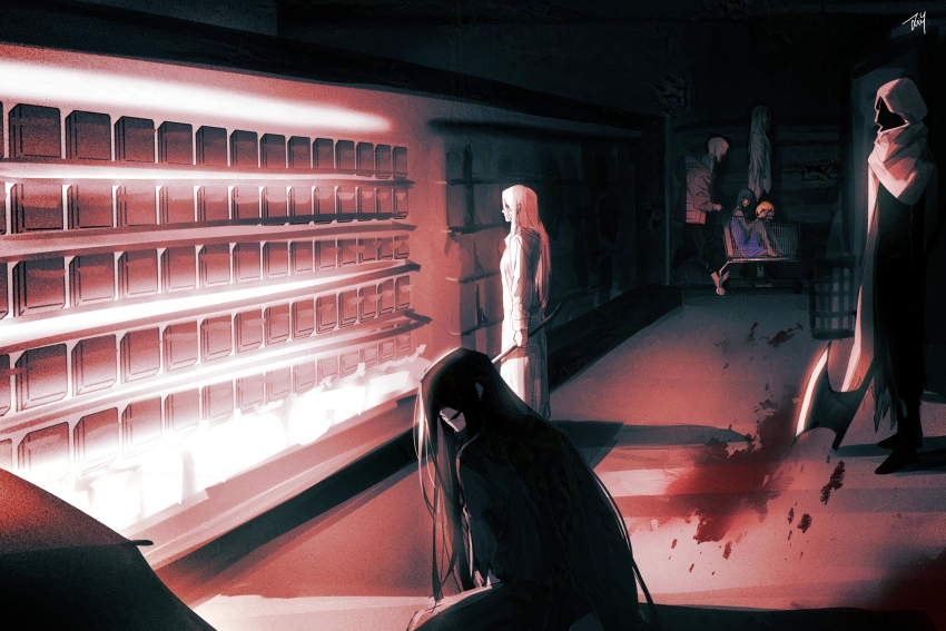 2girls 5boys axe bbabbamis2 black_hair black_kimono blood blood_on_ground bloody_footprints clock commentary_request crowbar grocery_store heroine_(homicipher) highres holding holding_axe holding_crowbar homicipher hood hood_up indoors japanese_clothes kimono korean_commentary long_hair mr._chopped mr._crawling mr._hood mr._scarletella mr._silvair mr._stitch ms._blue-clad multiple_boys multiple_girls pink_hair raincoat shelf shopping_cart umbrella very_long_hair