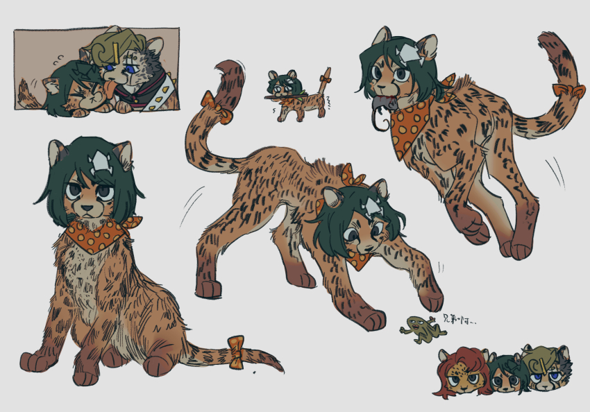 1girl 2boys animalization bandana bow cheetah cub dead_animal father_and_son frog green_hair higashikata_jobin higashikata_mitsuba higashikata_tsurugi highres jojo_no_kimyou_na_bouken jojolion licking licking_another&#039;s_face multiple_boys multiple_views no_humans origami paper_moon_king swampland tail tail_bow tail_ornament white_background