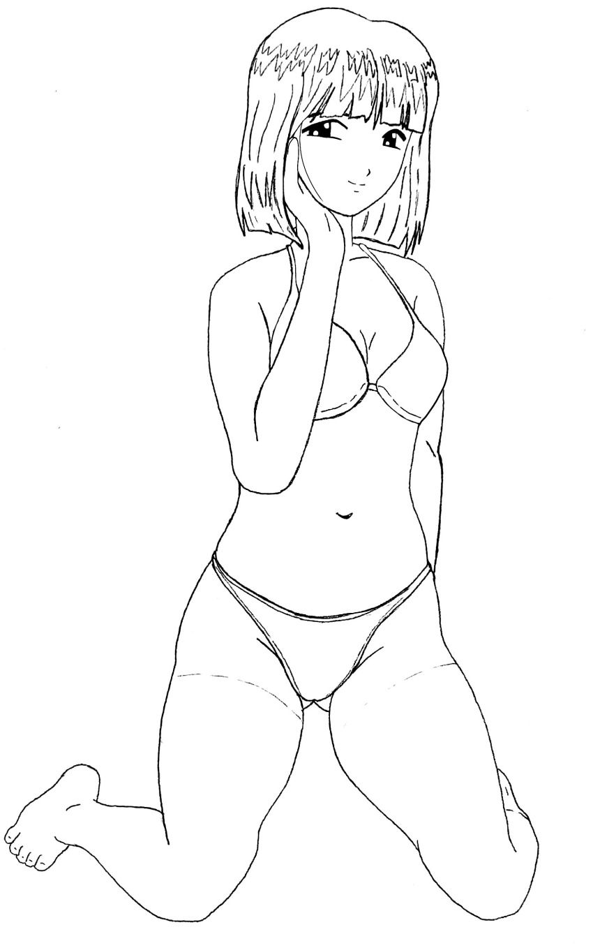 1girl absurdres arm_behind_back barefoot bra breasts cleavage feet hand_on_own_face highres kitaooji_hanabi kneeling legs looking_at_viewer medium_breasts monochrome navel panties sakura_taisen sega short_hair sketch smile solo thighs underwear