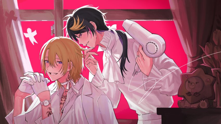 2boys arm_tattoo ascot augustus_(luca_kaneshiro) black_hair blonde_hair blush cable chest_tattoo choker commentary_request curry_ytd curtains fang fingernails frilled_shirt_collar frilled_sleeves frills gloves grin hair_between_eyes hair_dryer hair_over_shoulder half_gloves hands_up highres holding holding_hair_dryer jacket jacket_on_shoulders leaning_forward long_fingernails long_hair long_sleeves looking_at_viewer looking_down luca_kaneshiro male_focus multicolored_hair multiple_boys neck_tattoo nijisanji nijisanji_en own_hands_together parted_bangs parted_lips pink_hair purple_eyes purple_hair ribbon_choker sharp_fingernails shikigami shirt short_hair shu_yamino smile streaked_hair tattoo teeth upper_body virtual_youtuber watch white_ascot white_choker white_gloves white_jacket white_shirt window wristwatch
