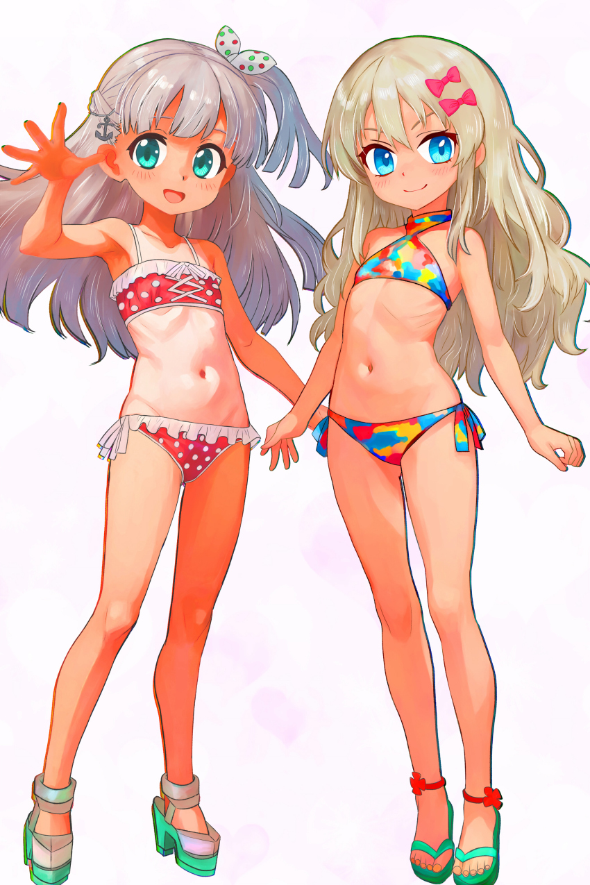 2girls absurdres aqua_eyes bikini blonde_hair blue_eyes closed_mouth commentary_request flat_chest frilled_bikini frills grecale_(kancolle) grey_hair highres kantai_collection looking_at_viewer maestrale_(kancolle) multiple_girls navel one_side_up open_mouth platform_footwear red_bikini sandals simple_background standing swimsuit tan tsukiyono_aroe white_background