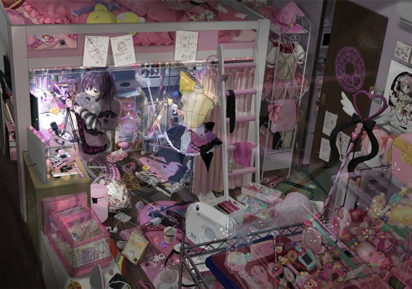 1girl absurdres alt_text amazon_(company) animal backpack bag bed bedroom bishoujo_senshi_sailor_moon book bottle bow box bunk_bed cage cameo can cardboard_box cardcaptor_sakura cellphone character_doll character_request charger charlotte_(madoka_magica) charm_(object) chocobari commentary_request computer computer_keyboard copyright_request cosmetics cosplay cup_ramen cure_blossom desk drawing_(object) dress fake_eyelashes gem grief_seed hamster hanasaki_tsubomi handbag harukaze_doremi hat heart heartcatch_precure! highres holding holding_wand hugging_doll hugging_object indoors jirai_kei kaname_madoka kaname_madoka_(magical_girl) kero_(cardcaptor_sakura) kyubey loaded_interior long_hair magnet mahou_shoujo_madoka_magica mahou_shoujo_madoka_magica_(anime) maison_de_fleur mannequin merchandise messy_room microphone mirror monitor monster_energy object_request ojamajo_doremi original otaku otaku_room pencil_case pet pet_food phone pillow precure purple_hair rug scissors sewing_machine shinanashina sitting skirt smartphone solo soul_gem stuffed_animal stuffed_toy tissue_box toy trash twintails ultimate_madoka unworn_dress unworn_hat unworn_headwear unworn_skirt wand wig witch_hat