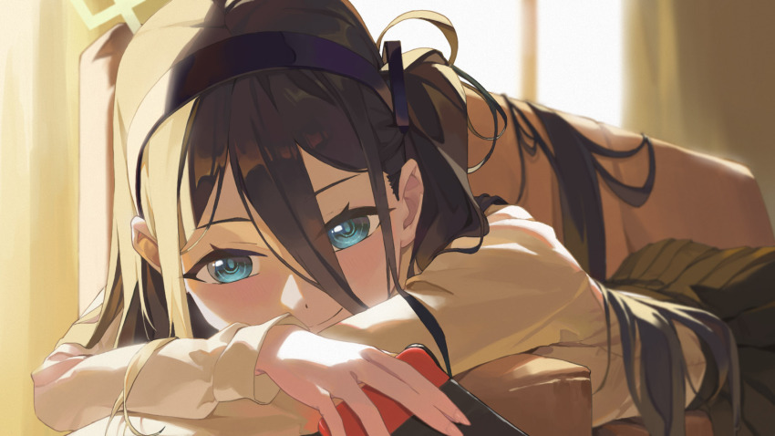 1girl absurdly_long_hair aqua_halo aris_(blue_archive) black_hair black_skirt blue_archive blue_eyes blush couch game_console hair_between_eyes halo highres holding li-mi long_hair long_hair_between_eyes looking_at_viewer lying nintendo_switch on_couch on_stomach rectangular_halo shirt skirt smile solo very_long_hair white_shirt window