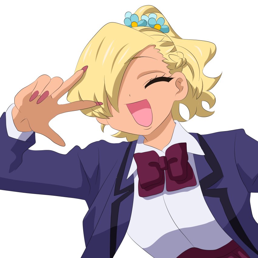 1girl :d ^_^ absurdres blonde_hair blue_jacket bow bowtie closed_eyes collared_shirt hair_over_one_eye high_ponytail highres hmangadd itan_private_high_school_uniform jacket komi-san_wa_komyushou_desu long_sleeves one_eye_covered open_clothes open_jacket open_mouth ponytail red_bow red_bowtie red_nails red_skirt school_uniform shiroki_yuka shirt simple_background skirt smile solo upper_body w w_over_eye white_background white_shirt winter_uniform
