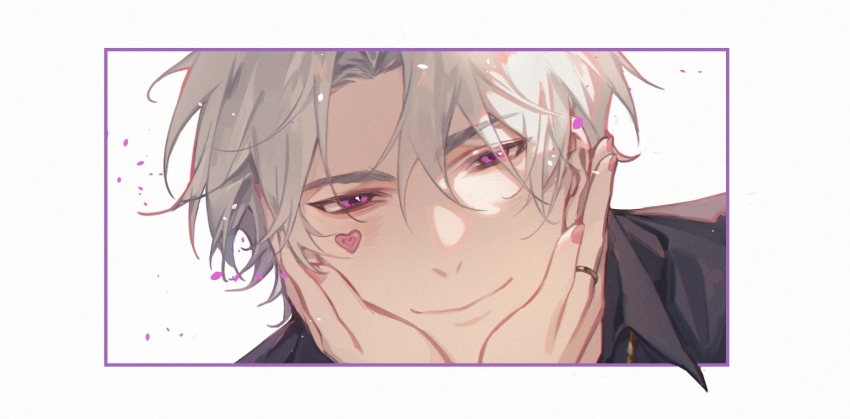1boy azha8 black_shirt border charlie_su chinese_commentary close-up closed_mouth collared_shirt curtained_hair falling_petals hands_on_another&#039;s_cheeks hands_on_another&#039;s_face happy heart heart_sticker jewelry light_and_night_love looking_at_viewer male_focus nail_polish outside_border parted_bangs petals pink_nails portrait pov pov_hands purple_eyes ring shirt short_hair smile solo sticker sticker_on_face white_background white_border white_hair