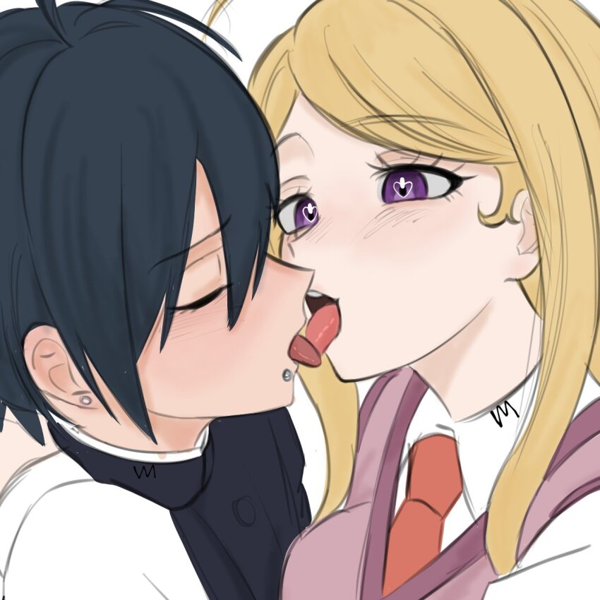 1boy 1girl ahoge akamatsu_kaede black_hair blonde_hair breasts closed_eyes danganronpa_(series) danganronpa_v3:_killing_harmony french_kiss hair_between_eyes highres kiss long_hair medium_breasts no_hair_ornament pink_sweater_vest purple_eyes saihara_shuichi short_hair simple_background sweater_vest teeth tongue tongue_out upper_body veggiemist white_background