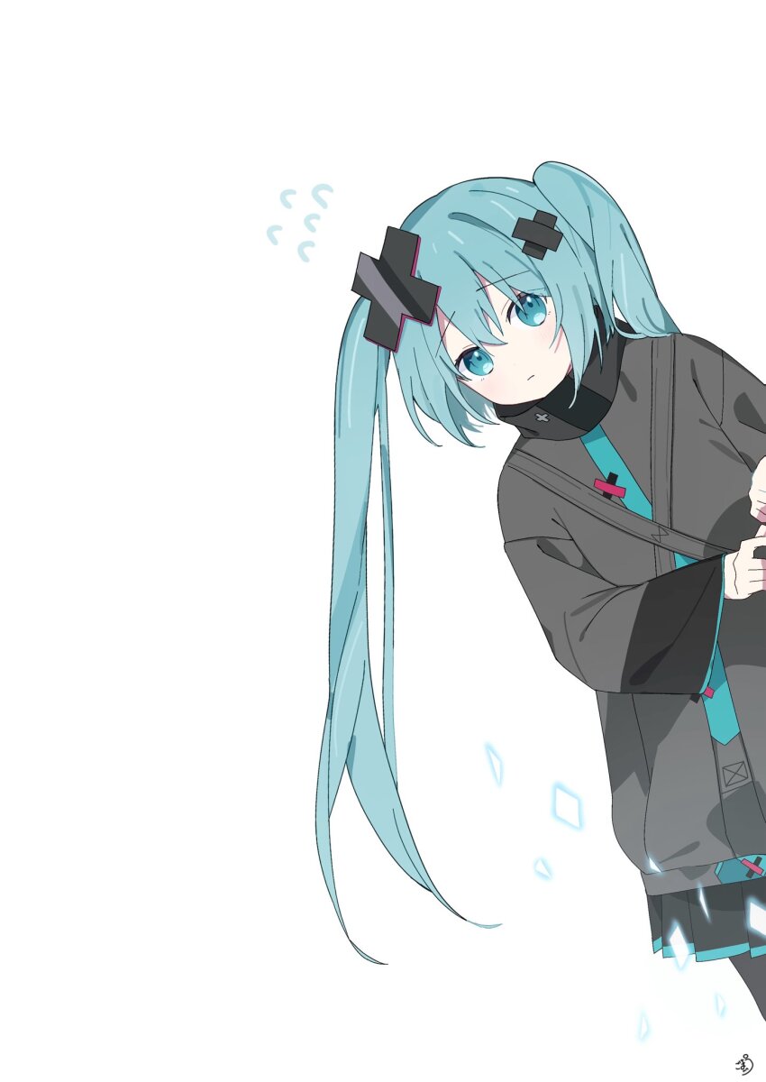 1girl :| aqua_eyes aqua_hair black_coat black_pantyhose black_skirt closed_mouth coat commentary_request cowboy_shot double-parted_bangs flying_sweatdrops gomau_(gomadareeee_) hair_between_eyes hair_ornament hatsune_miku highres kowareta_sekai_to_utaenai_miku long_hair looking_at_viewer official_alternate_costume pantyhose peeking_out pleated_skirt project_sekai sidelocks signature simple_background skirt solo turtleneck_coat twintails utaenai_miku very_long_hair vocaloid white_background x_hair_ornament