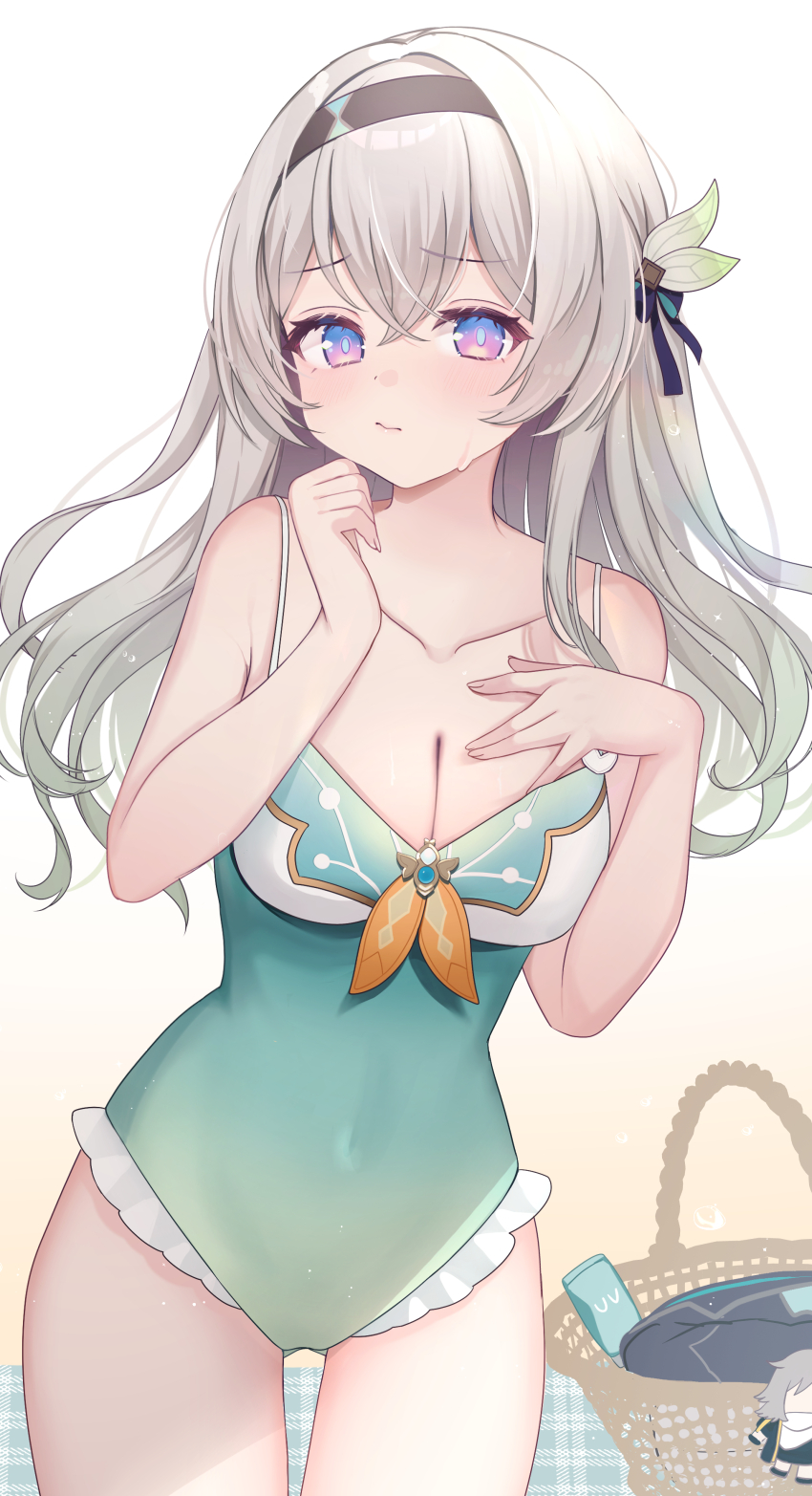 1girl :/ absurdres adapted_costume aqua_one-piece_swimsuit basket beach beach_mat black_hairband breasts character_charm charm_(object) cleavage closed_mouth collarbone covered_navel cowboy_shot firefly_(honkai:_star_rail) gradient_background gradient_one-piece_swimsuit grey_hair hairband hand_on_own_chest hands_up highres honkai:_star_rail honkai_(series) large_breasts long_hair looking_at_viewer oguraponti one-piece_swimsuit purple_eyes solo spaghetti_strap standing stelle_(honkai:_star_rail) swimsuit trailblazer_(honkai:_star_rail) white_background