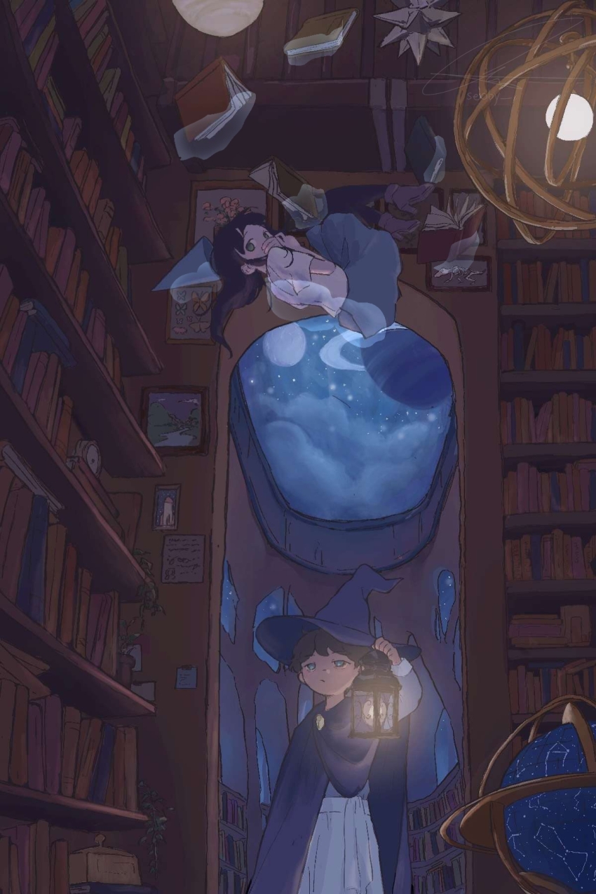 2girls absurdly_detailed_composition armillary_sphere black_hair blue_eyes book bookshelf brown_hair bug butterfly celestial_globe cloak cloud commentary conical_hat covering_own_mouth english_commentary fantasy floating flower globe green_eyes hat hiding high_heels highres holding holding_lantern indoors insect lantern levitation library loaded_interior long_hair long_sleeves magic multiple_girls night night_sky open_book original picture_frame planet planetary_ring plant potted_plant scenery seoby shelf shirt shoes short_hair short_sleeves signature skirt sky standing star_(sky) starry_sky unamused white_shirt wide_shot witch witch_hat