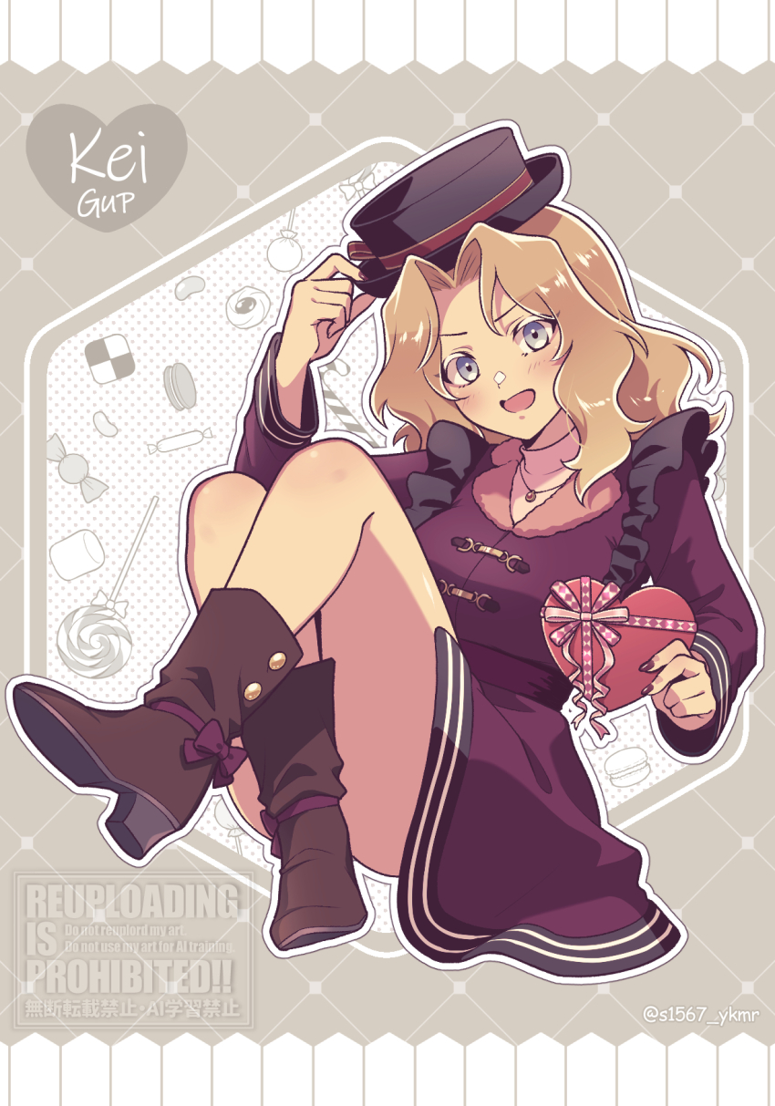 1girl blonde_hair blue_eyes blush breasts full_body girls_und_panzer hat highres jewelry kay_(girls_und_panzer) large_breasts long_hair looking_at_viewer necklace open_mouth s1567_ykmr solo