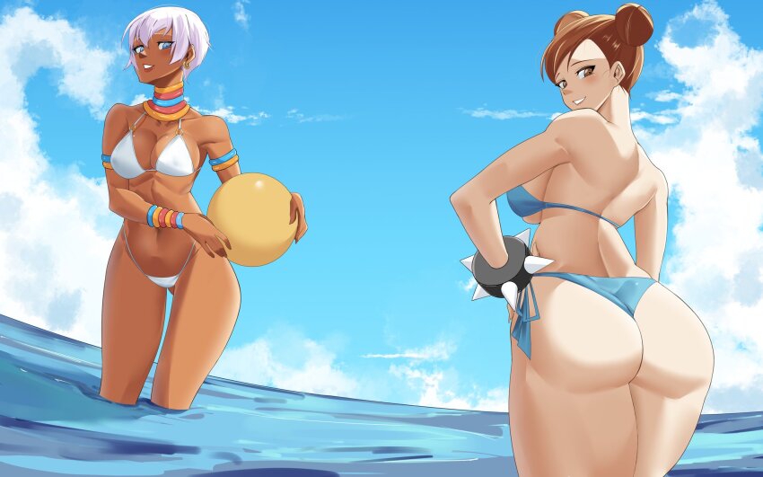 2girls ass beach bikini breasts capcom chun-li clear_sky dark-skinned_female dark_skin elena_(street_fighter) highres huge_ass large_breasts multiple_girls ocean sky sorabluesky street_fighter swimsuit thick_thighs thighs