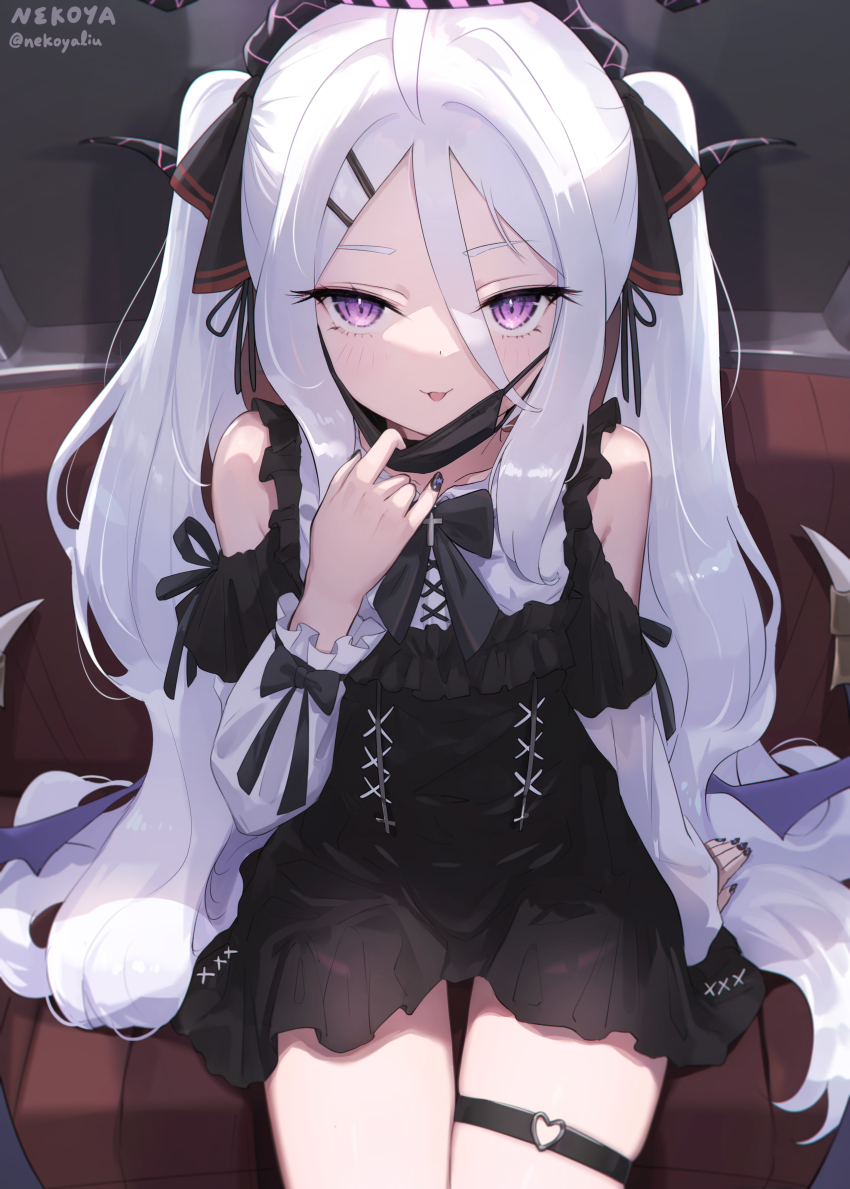 1girl absurdres alternate_costume black_dress black_nails blue_archive clothing_cutout commentary demon_girl demon_horns demon_wings dress frilled_dress frills hair_between_eyes hair_ornament hair_ribbon hairclip halo heart heart_o-ring highres hina_(blue_archive) horns jirai_kei long_hair long_sleeves looking_at_viewer mask mask_pull mouth_mask nail_polish nekoya_(liu) o-ring o-ring_thigh_strap purple_eyes purple_halo ribbon shoulder_cutout sitting solo thigh_strap tongue tongue_out twintails very_long_hair white_hair wings