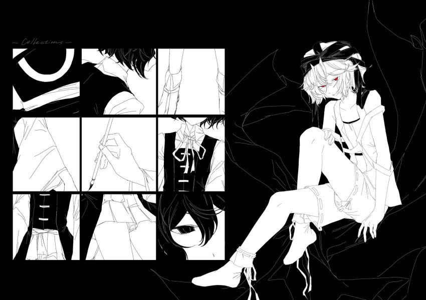 2others androgynous arde_(len&#039;en) collared_shirt commentary english_text enraku_tsubakura gas_wf greyscale hand_on_own_leg highres invisible_chair kuzu_suzumi len&#039;en monochrome multiple_others neck_ribbon no_shoes other_focus red_eyes ribbon ribbon-trimmed_shorts ribbon-trimmed_socks ribbon_trim shirt short_hair shorts sitting smile socks spot_color strapless tube_top vest