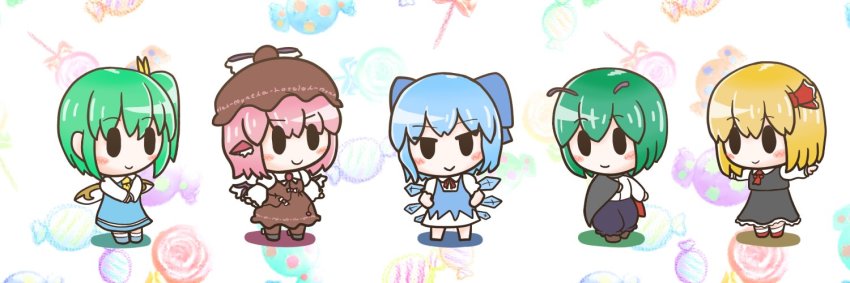 5girls animal_ears antennae ascot bird_ears black_cape black_eyes black_footwear black_pants black_skirt black_vest blonde_hair blue_bow blue_dress blue_footwear blue_hair bow brown_dress brown_footwear brown_headwear candy cape chibi cirno closed_mouth daiyousei dress fairy_wings food full_body green_hair hair_bow hair_ribbon ice ice_wings kogata_tanishi multiple_girls mystia_lorelei outstretched_arms pants pink_hair red_ascot red_footwear red_ribbon ribbon rumia shirt short_sleeves side_ponytail skirt smile solid_oval_eyes standing t-pose team_9_(touhou) touhou vest white_legwear white_shirt winged_hat wings wriggle_nightbug