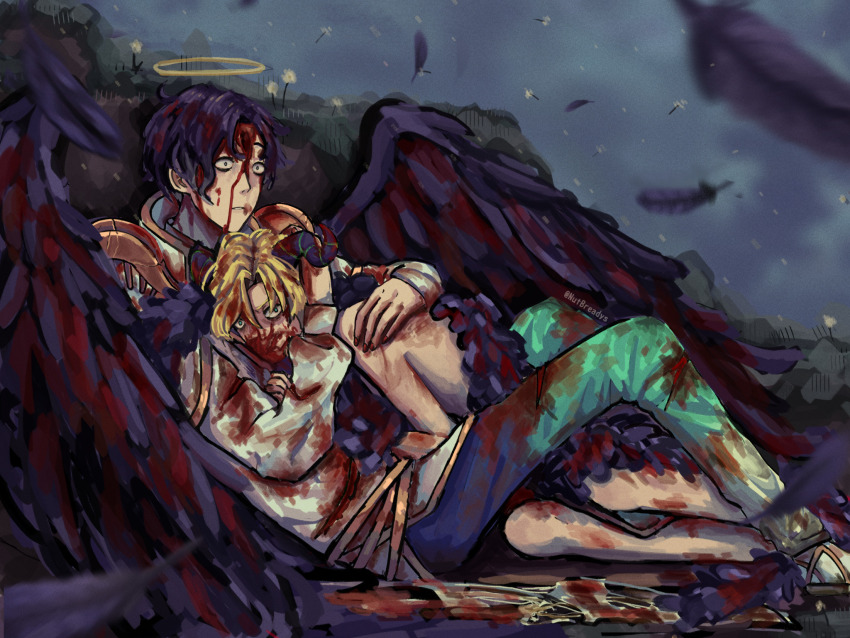 2boys armor between_legs black_feathers black_hair black_wings blank_stare bleeding blonde_hair blood blood_from_forehead blood_on_clothes blood_on_face blood_on_hands bloody_wings clothed_male_nude_male cloud cloudy_sky commentary constricted_pupils curled_horns curtained_hair deep_wound demon demon_horns empty_eyes english_commentary fallen_angel falling_feathers feather_boa feathered_wings feathers fine_art_parody gradient_pants green_eyes halo hand_on_another&#039;s_head hand_on_another&#039;s_shoulder hands_up highres horns hug injury ivan_the_terrible_and_his_son_ivan looking_afar looking_at_viewer lucifer_(obey_me!) lying male_focus multiple_boys nude nutbreadys obey_me!:_one_master_to_rule_them_all! on_ground on_side pants parody parted_hair parted_lips satan_(obey_me!) shedding shedding_feathers short_hair shoulder_armor sitting sky spoilers tumblr_username twitter_username wide-eyed wings