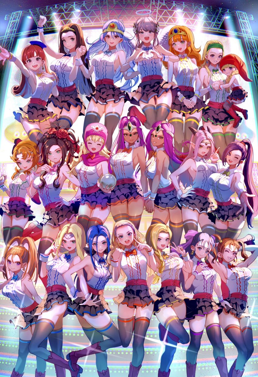 6+girls :d alena_(dq4) alternate_costume ancestor_and_descendant angel angel_wings anlucea arms_behind_head barbara_(dq6) bianca_(dq5) black_bow black_horns black_thighhighs blonde_hair blue_bow blue_bowtie blue_eyes blue_gemstone blue_hair blunt_bangs bonnet boots bow bowtie braid breasts brown_eyes brown_hair carrying carrying_person circlet commentary_request curly_hair dark-skinned_female dark_skin deborah_(dq5) dragon_girl dragon_quest dragon_quest_i dragon_quest_ii dragon_quest_iii dragon_quest_iv dragon_quest_v dragon_quest_vi dragon_quest_vii dragon_quest_viii dragon_quest_x dragon_quest_xi earrings estella_(dq10) flora_(dq5) flower gem gold_earrings green_eyes green_gemstone green_hairband grey_hair grin hair_bow hair_flower hair_ornament hair_pulled_back hair_tubes hairband halo heart heart_hands high_ponytail highres holding_hands holding_orb hoop_earrings horns in-franchise_crossover interlocked_fingers jessica_albert jewelry large_breasts lectalys long_hair low-tied_long_hair low_ponytail manya_(dq4) maribel_(dq7) martina_(dq11) medea_(dq8) medium_breasts minea_(dq4) mireyu mole mole_under_mouth multiple_girls numao_sub open_mouth orange_bow orange_bowtie orange_hair parted_hair pink_bow pink_bowtie pink_hood pointy_ears ponytail princess_laura princess_of_moonbrook purple_eyes purple_hair reaching reaching_towards_viewer red_bow red_bowtie red_flower red_gemstone red_hair rose ruida sage_(dq3) senya_(dq11) shirt short_hair siblings sideboob silver_circlet sisters skirt sleeveless sleeveless_shirt slime_(dragon_quest) small_breasts smile sphere_earrings stage thigh_boots thighhighs tiara twins twintails veronica_(dq11) wings wrist_cuffs yellow_bonnet yellow_bow yellow_bowtie yellow_eyes zettai_ryouiki