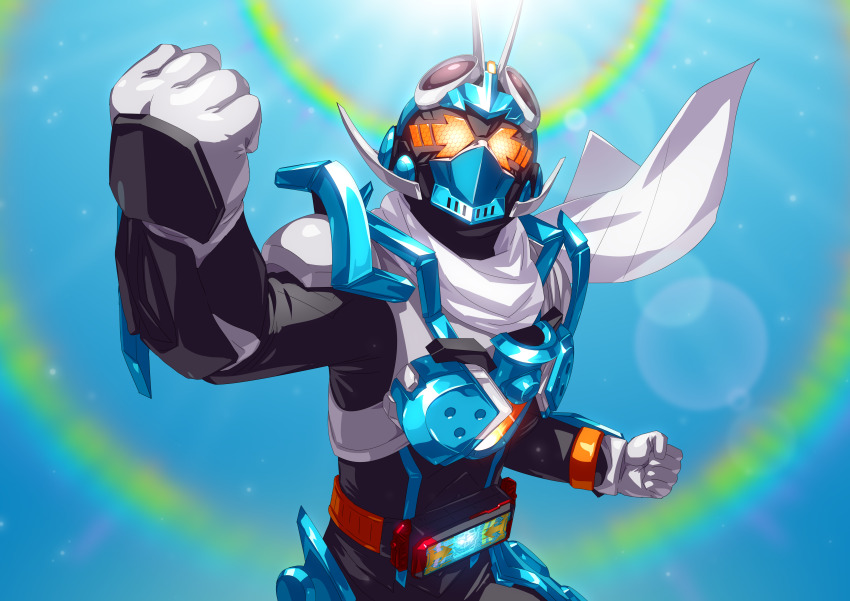 1boy absurdres armor black_bodysuit blue_armor blue_sky bodysuit commentary fire gloves glowing glowing_eyes goggles goggles_on_head gotcha_driver highres kamen_rider kamen_rider_gotchard kamen_rider_gotchard_(series) looking_at_viewer male_focus orange_eyes otokamu power_armor revision rider_belt scarf sky solo steam_hopper sunlight tokusatsu white_scarf yellow_eyes
