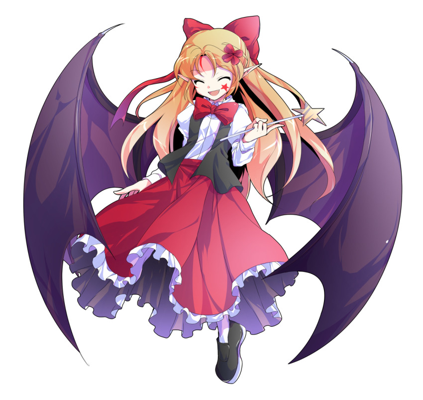 1girl ^_^ alphes_(style) bat_wings black_shoes black_vest blonde_hair bow bowtie closed_eyes collared_shirt commentary_request dairi elis_(touhou) facial_mark fang flower frilled_skirt frills full_body hair_bow hair_flower hair_ornament holding holding_wand large_variant_set left-handed loafers long_hair long_skirt long_sleeves mark_under_eye open_clothes open_mouth open_vest parody pointy_ears puffy_long_sleeves puffy_sleeves red_bow red_bowtie red_skirt shirt shoes simple_background skirt smile socks solo star_(symbol) style_parody tachi-e touhou touhou_(pc-98) transparent_background variant_set vest wand white_shirt white_socks wings