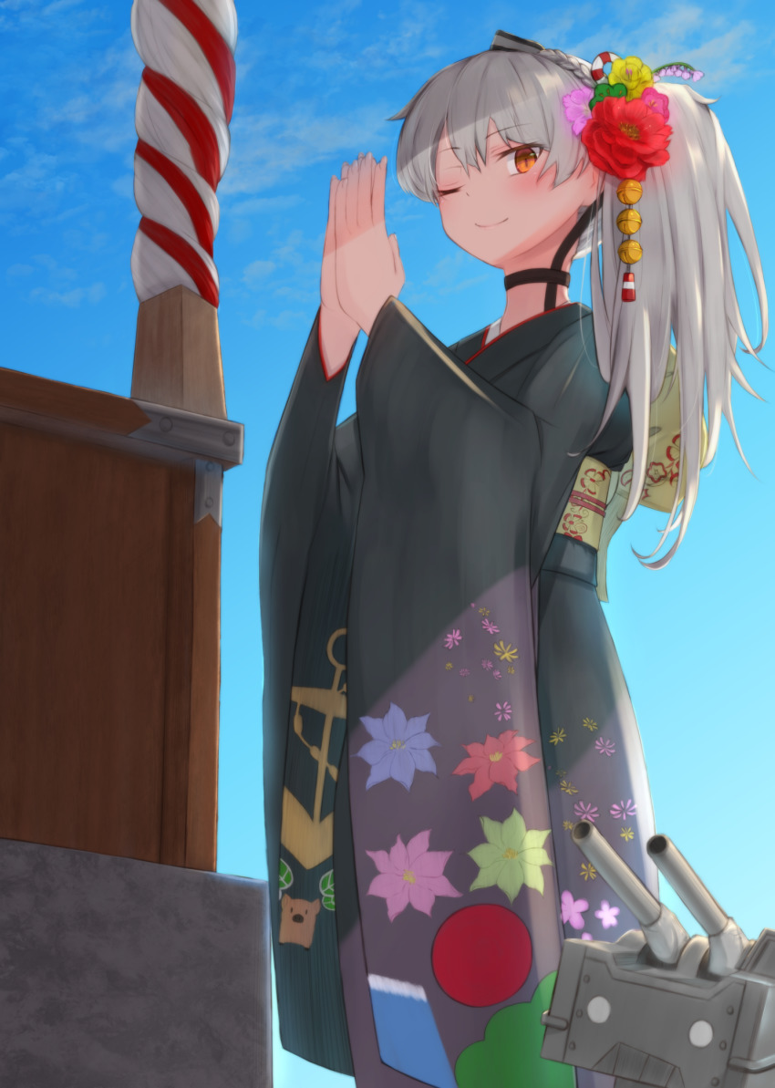 1girl ;) alternate_costume amatsukaze_(kancolle) black_kimono blue_sky brown_eyes day floral_print from_below furisode hatsumoude highres japanese_clothes kamome_donburi kantai_collection kimono long_hair looking_at_viewer new_year one_eye_closed own_hands_together rensouhou-kun silver_hair sky smile two_side_up