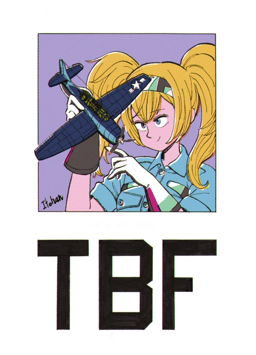 1girl absurdres aircraft airplane blonde_hair blue_eyes blue_shirt bomber gambier_bay_(kancolle) gloves hair_between_eyes hairband highres holding itohan kantai_collection long_hair multicolored_gloves retro_artstyle shirt short_sleeves simple_background solo tbf_avenger torpedo_bomber twintails upper_body