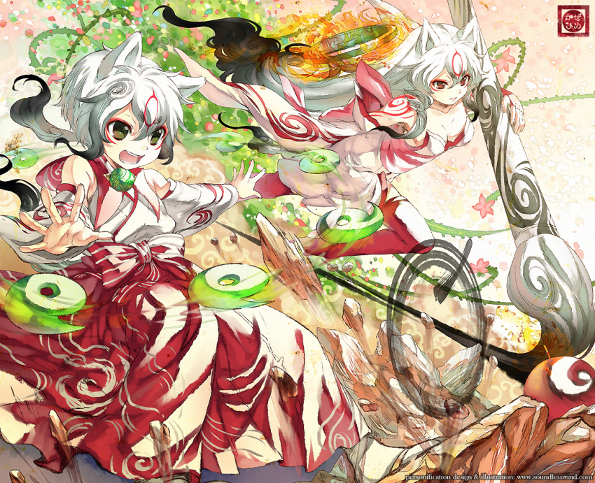 1boy 1girl amaterasu_(ookami) animal_ears calligraphy_brush character_request chibiterasu detached_sleeves fire kaze-hime long_hair ookami_(game) ookamiden paintbrush personification short_hair